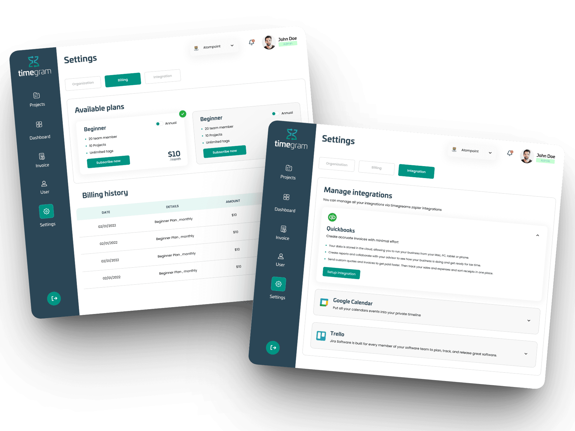 Timegram screens