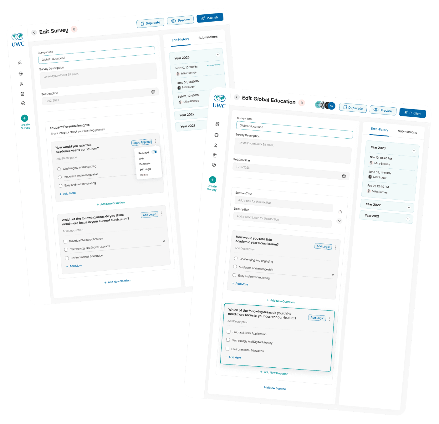 UWC Survey Platform screens